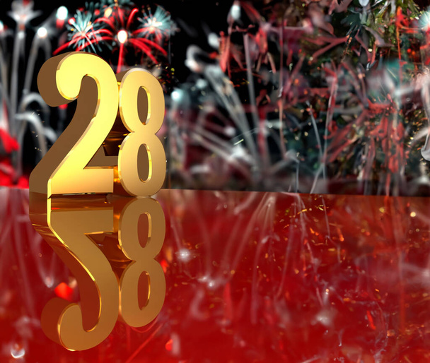 Le chiffre "28" sur un côté de l'écran, en or, sous forme de 3D, sur une table en miroir qui reflète très flou et en arrière-plan des feux d'artifice hors foyer en couleurs blanches et rouges - Photo, image
