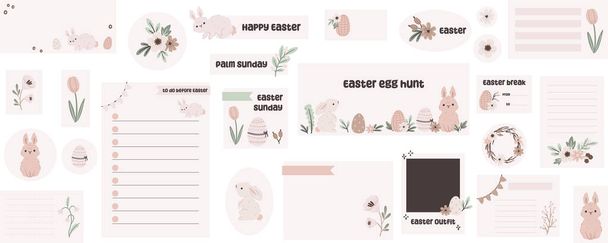 Easter digital stickers. Digital note papers and stickers for digital bullet journaling or planning. Hand-drawn Easter bunny, Easter eggs and florals.  Vector art. - Διάνυσμα, εικόνα