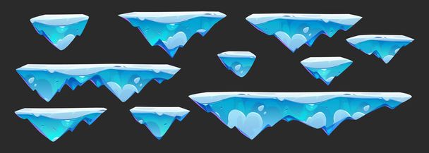 Flying ice jump game island vector illustration. Frozen floating platform landscape for ui arcade 2d videogame isolated texture set. Empty virtual location with snow kit for fantasy world screen - Vector, afbeelding