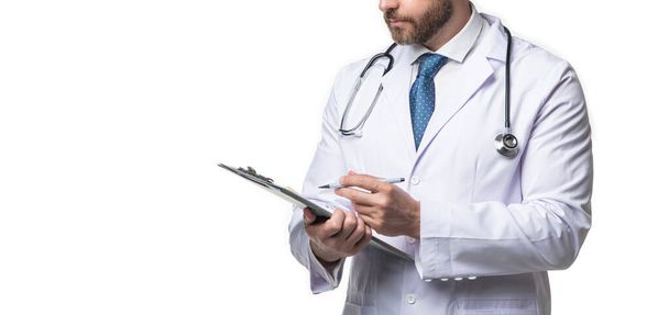 internist with anamnesis on background. cropped photo of internist with anamnesis. internist with anamnesis isolated on white. internist with anamnesis in studio. - 写真・画像