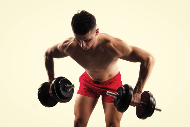sport exercise in studio. sport man with barbells. biceps and triceps sport exercise. man do sport exercise for biceps and triceps isolated on white background. man has strong biceps and triceps. - 写真・画像