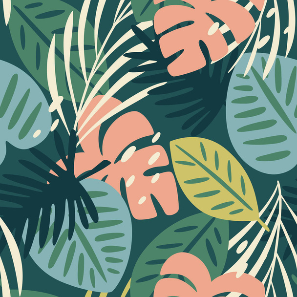 Trópusi levelek zökkenőmentes minta. Ismételje meg a mintát absztrakt zöld trópusi levelekkel. Négyzet alakú. Vektorillusztráció. - Vektor, kép