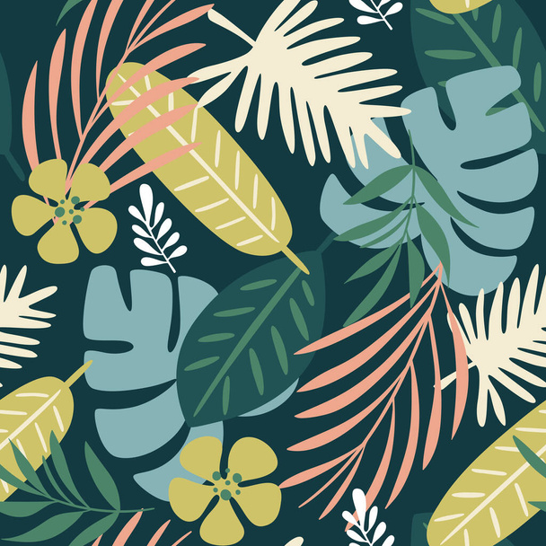 Palm leaves and ibiscus flowers seamless pattern. Cute green tropical repeat pattern. Square design. Vector illustration. - Vector, Image