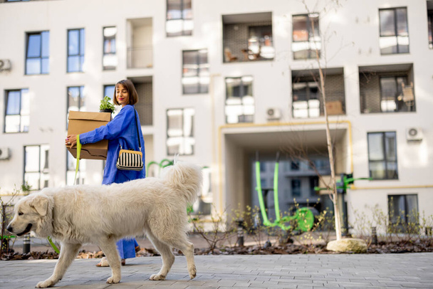 Γυναίκα κουβαλούσε χαρτόκουτα, περπατούσε με το σκύλο της στο διαμέρισμα στην αυλή μιας νέας πολυκατοικίας. Έννοια της μετεγκατάστασης, της νέας περιουσίας ή της παράδοσης - Φωτογραφία, εικόνα