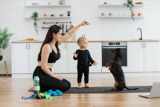 Smiling female in activewear holding dogs treat in air while cute black Dachshund sitting on hind legs near baby girl. Pet owners running through training exercise for animals after fitness at home. - Фото, зображення