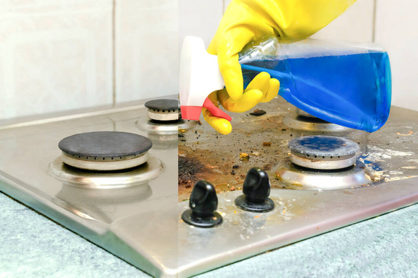 Cleaning dirty gas stove from grease, food leftovers deposits. womans hand in glove with detergent in bottle washing kitchen stove. home cleaning service concept - Valokuva, kuva