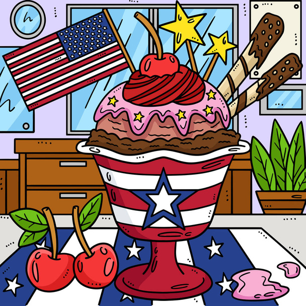 This cartoon clipart shows a 4th of July Ice Cream Parfait with a Flag illustration. - Vector, Image