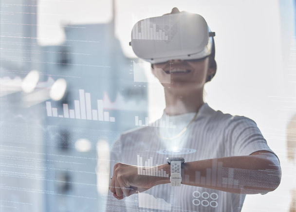 Vr, 3d or woman with smart watch, hologram or graphs data for charts info or online update in office. Virtual reality, metaverse or girl developer with futuristic time device for web innovation. - Foto, afbeelding