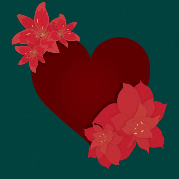 Grande cuore rosso circondato da fiori su sfondo scuro turchese vettoriale illustrazione - Vettoriali, immagini
