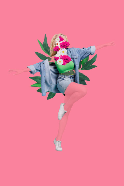 Vertical template creative photo collage of bodyless woman dressed jeans clothes flying hands wings isolated on pink color background. - Φωτογραφία, εικόνα
