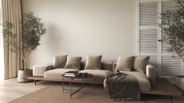 Moderne minimalisme beige salon intérieur avec canapé brun, plancher de bois et des plantes. Illustration de rendu 3D. Visualisation 3D. Vidéo 4k de haute qualité. - Séquence, vidéo
