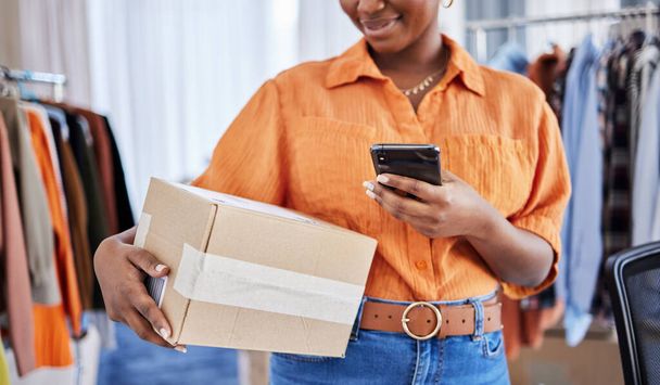 Phone, hands or woman with box for delivery, shipping post or package in ecommerce logistics office. Online sale, stock or business owner with product label or store order for cargo courier service. - Fotografie, Obrázek