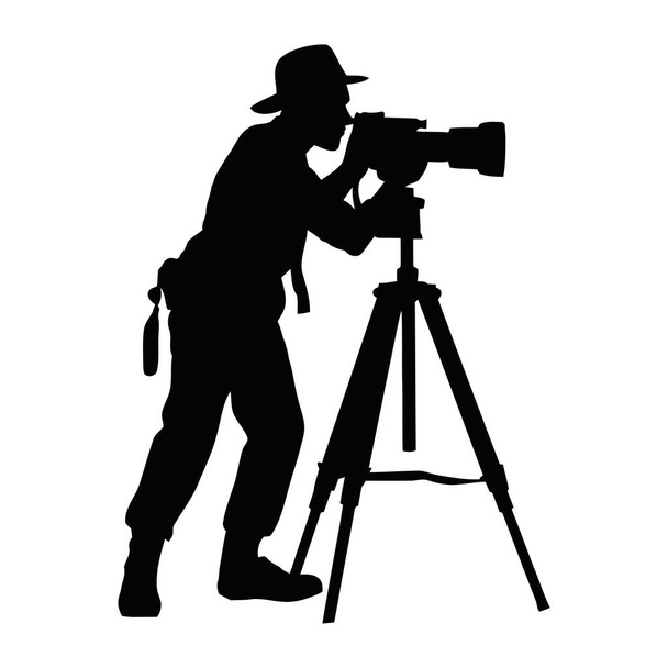 Silhouette of one person with camera in tripod icon isolated - Vetor, Imagem