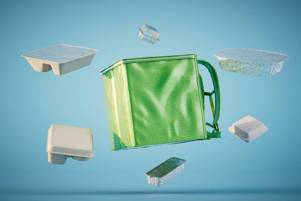 containers and a bag for food delivery, scattered on a pastel background. 3D render. - Foto, Bild