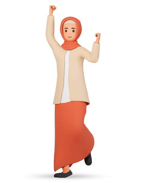 Mulher muçulmana pulando com uma mão isolada no fundo branco. feliz muçulmano menina salto 3d ilustração - Foto, Imagem