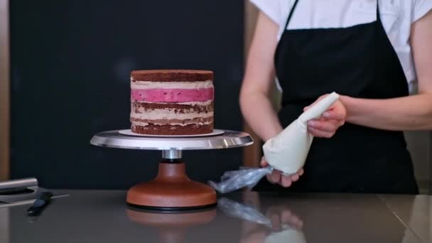Blogueur alimentaire concentré montrant le processus de fabrication de gâteau crémeux fait maison aux adeptes sur les médias sociaux femme blonde dans tablier mettre du mastic blanc sur la pâte cuite au four avec un cône de pâtisserie - Séquence, vidéo