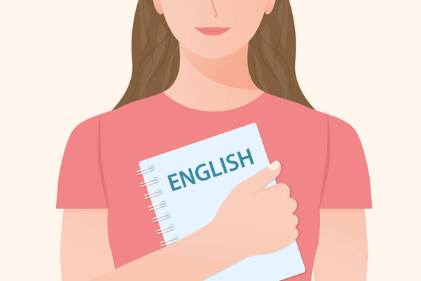 νεαρή όμορφη γυναίκα κρατώντας αγγλικό βιβλίο εργασίας? έννοια της μάθησης αγγλικά- εικονογράφηση διάνυσμα - Διάνυσμα, εικόνα