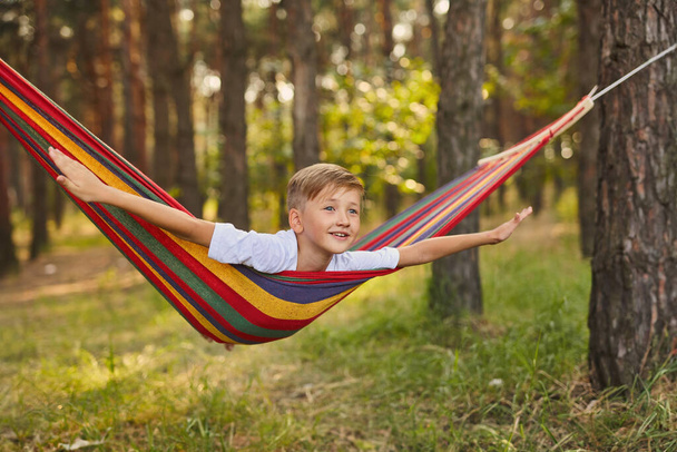 Cute little blond caucasian boy having fun with multicolored hammock in backyard or outdoor playground. Summer active leisure for kids. Child on hammock. Activities and fun for children outdoors - Photo, image