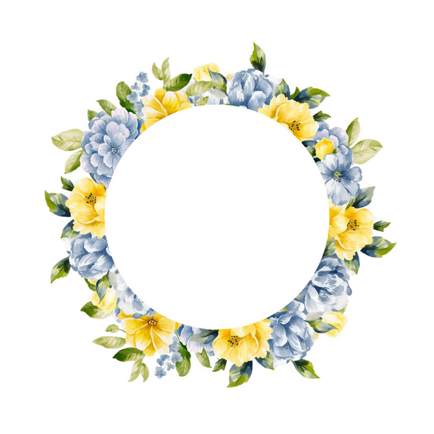 Watercolor floral wreath of yellow peony flowers. Template - Wektor, obraz