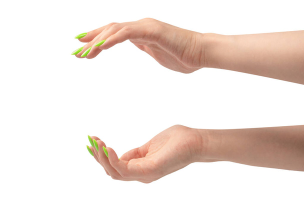 Mano di una donna con naols verde tenere qualche oggetto piccolo o sottile, isolato su uno sfondo bianco. - Foto, immagini