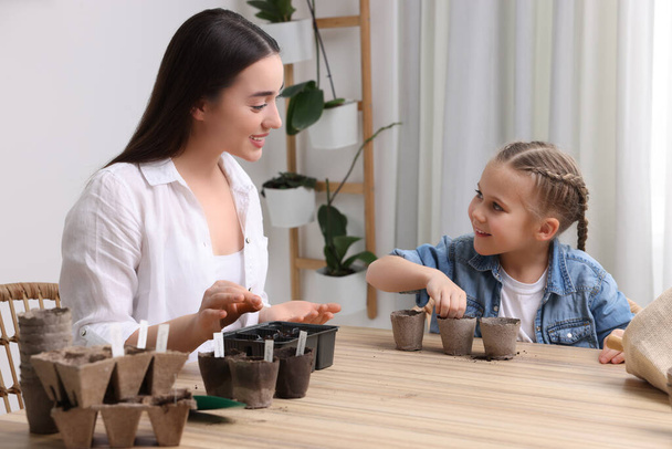 Mother and her daughter planting vegetable seeds into peat pots with soil at wooden table indoors - Foto, afbeelding