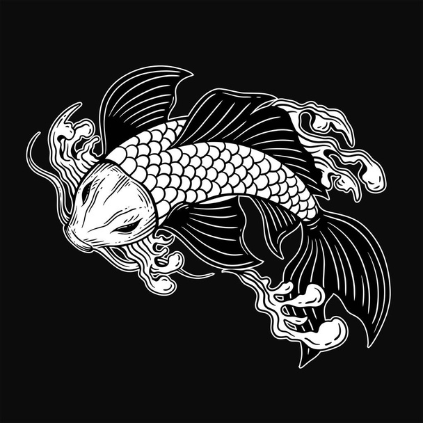 Hand Drawn Koi Fish Aquatic Black White Vintage Dark Art for Tattoo and Clothing illustration - Vektör, Görsel