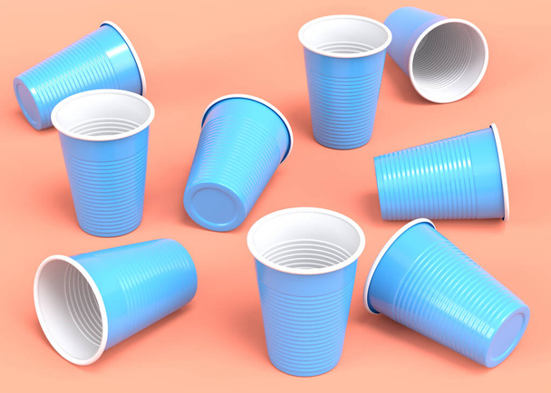 Set of plastic disposable party cup isolated on monochrome background. 3d render of take away glass for juice, fresh, beer - Фото, изображение