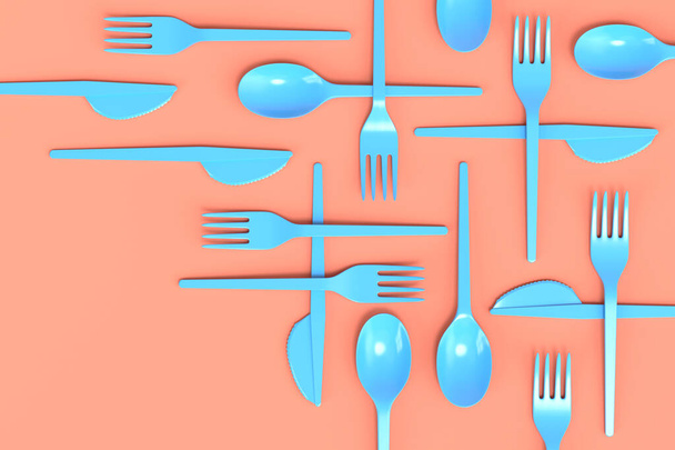 Set of disposable utensils like spoon, fork and knife on monochrome background. 3d render concept of save the earth and zero waste - Fotó, kép