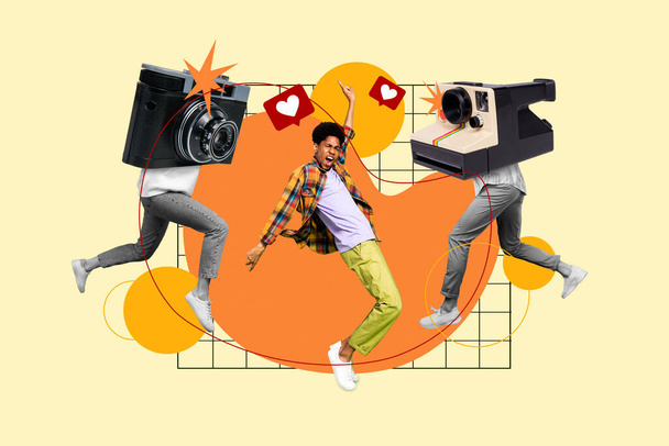 Creative collage picture of mini running people photo camera instead shooting dancing guy like notification isolated on beige background. - Photo, image