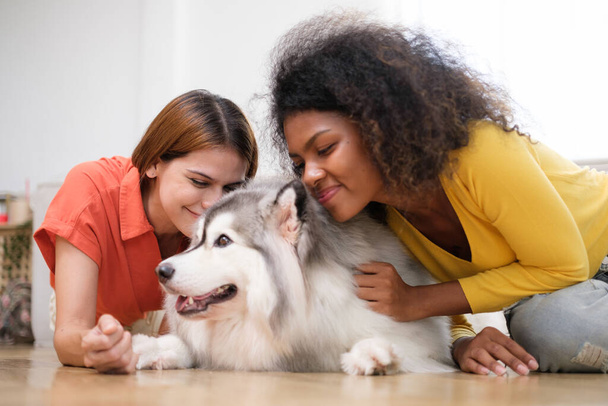 Happy multiracial female couple with cute Siberian Husky  dog enjoying free time together at home - Photo, Image