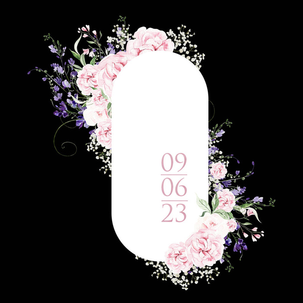 Cartão de casamento aquarela com wisteria, rosas e flores silvestres, folhas verdes. Ilustração - Foto, Imagem