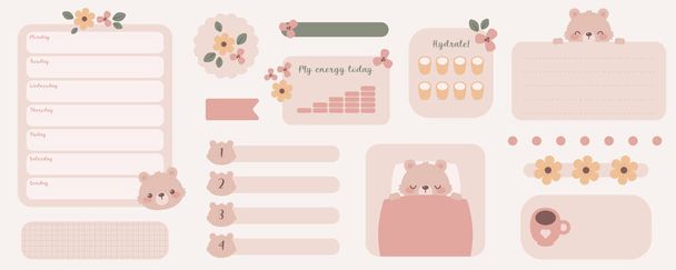 Kawaii digital stickers with cute bear. Digital note papers and stickers for bullet journaling or planning. Vector art. - Vetor, Imagem
