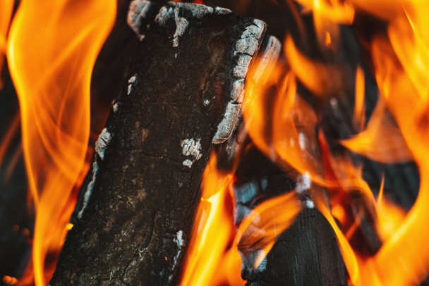 Une flamme de feu sur un feu de camp. Le bois empilé dans une pyramide brûle. La flamme du feu en gros plan. Une fumée blanche s'élève au-dessus du feu. Un feu de camp au barbecue. Concept touristique - Photo, image