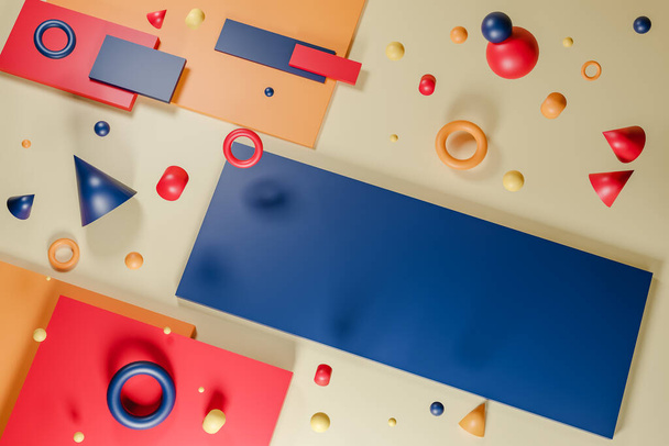 3D рендеринг иллюстрации абстрактный геометрический фон красочные синие красные и оранжевые шарики кольца и конусы левитации над прямоугольниками - Фото, изображение