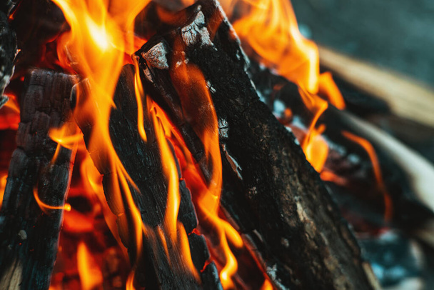A bright flame of fire over a campfire. Wooden wood stacked in a pyramid is burning. The flame of fire close-up. White smoke rises over the fire. Barbecue bonfire. Tourist concept - Photo, Image