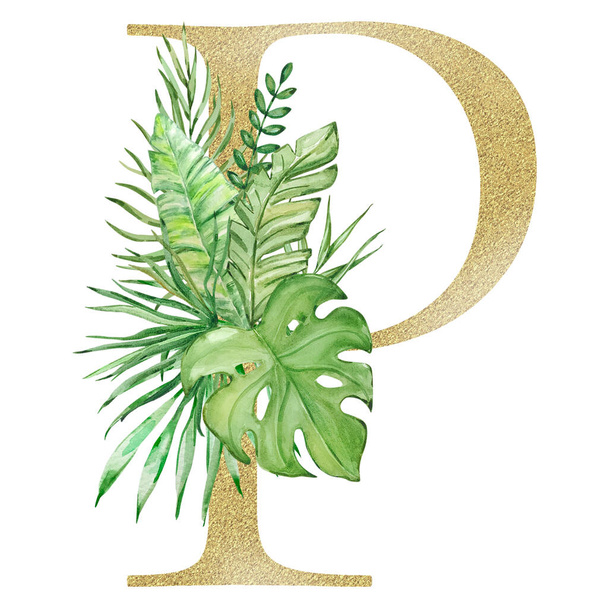 Буква P, украшенная акварельными тропическими листьями и зеленью - Фото, изображение