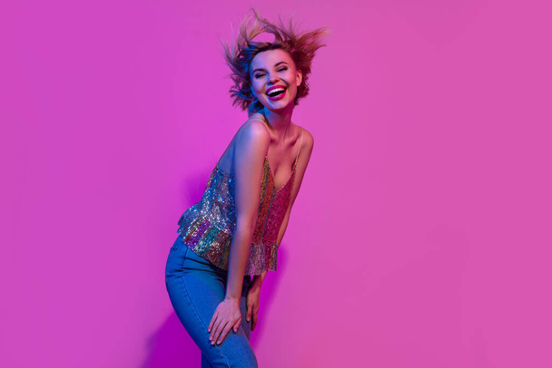 Photo of excited youth youngster lady enjoy have fun friday weekend party isolated neon vibrant color background. - Fotó, kép