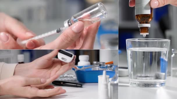 collage medicine, young woman checks level of sugar in blood using a glucometer, drips drops from bottle from dispensers into glass of water and draws vaccine into a syringe with needle, close-up - Footage, Video