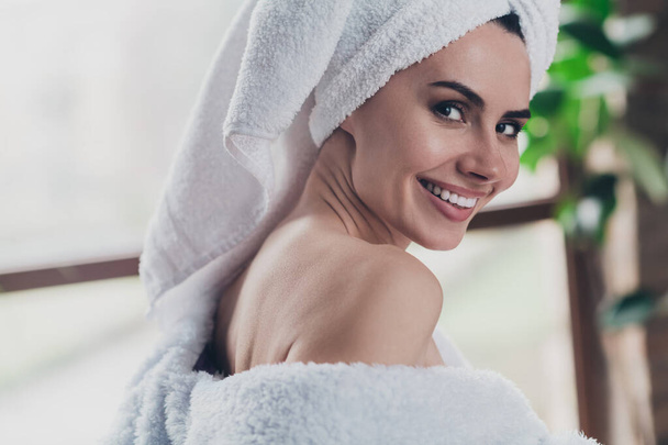 Close up portrait of joyful positive lady enjoying spa resort hotel procedure happy smiling in interior home. - Фото, зображення