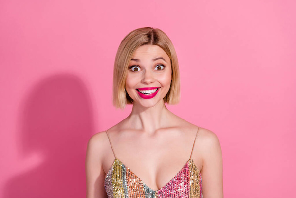 Photo of bob blonde hair young woman surprised cheerful bright pink pomade lips discotheque wear sequins isolated over pastel background. - Foto, imagen
