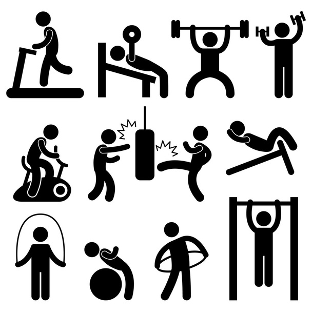 σώμα του ανθρώπου Αθλητικό γυμναστήριο γυμναστήριο άσκηση προπόνηση εικονόγραμμα - Διάνυσμα, εικόνα