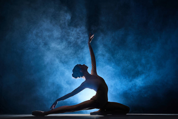 Mujer joven elegante, hermosa y elegante, bailarina de ballet que actúa sobre fondo azul oscuro con foco de humo. Concepto de arte, ballet clásico, creatividad, coreografía, belleza, ad - Foto, imagen