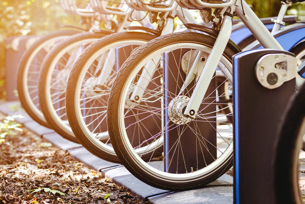 充電ステーションの駐車場でレンタルサービスのための電動バイク。電気自転車を共有する。現代の自転車.  - 写真・画像