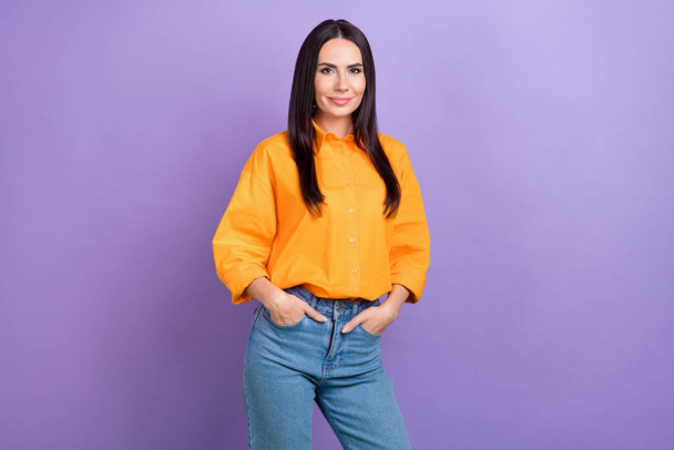 Photo of young confident business lady wear shirt denim jeans put hands pockets best office manager isolated on purple color background. - Foto, immagini
