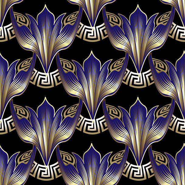 Luxury floral greek style 3d seamless pattern. Ornamental modern beautiful vector background. Repeat ornate backdrop. Greek key meanders ornament with vintage flowers, curves. Surface endless texture. - Vektor, kép