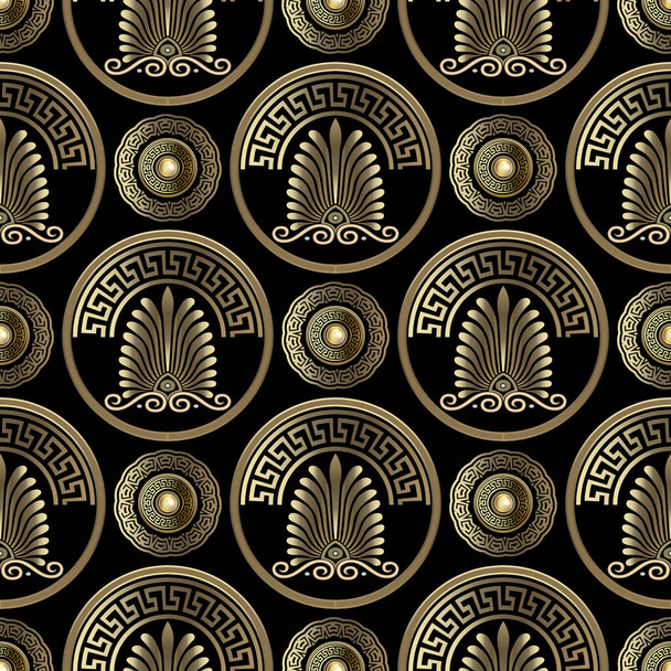 Luxury floral greek style 3d gold mandalas seamless pattern. Ornamental modern beautiful vector background. Repeat backdrop. Greek key meanders ornament with vintage flowers, circles. Endless texture. - Vektör, Görsel