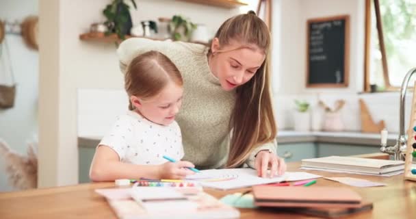 Girl, learning and tutor with drawing at house for education with knowledge and growth or art. Support, teaching and woman with kid for creative work at kitchen table with notebook and child - Footage, Video