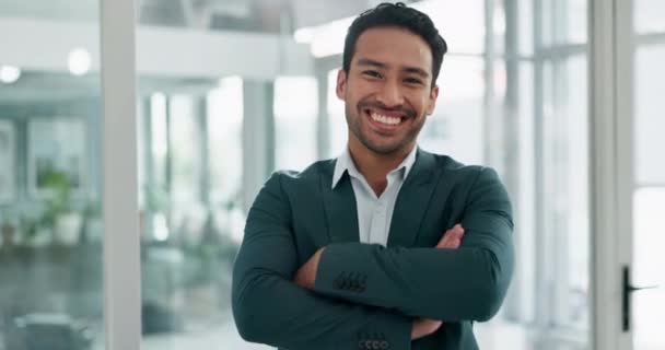 Face, business and man with arms crossed, corporate and entrepreneur with success mindset, happiness and workplace. Portrait, Asian male person or happy employee with joy, confident consultant or ceo. - Footage, Video