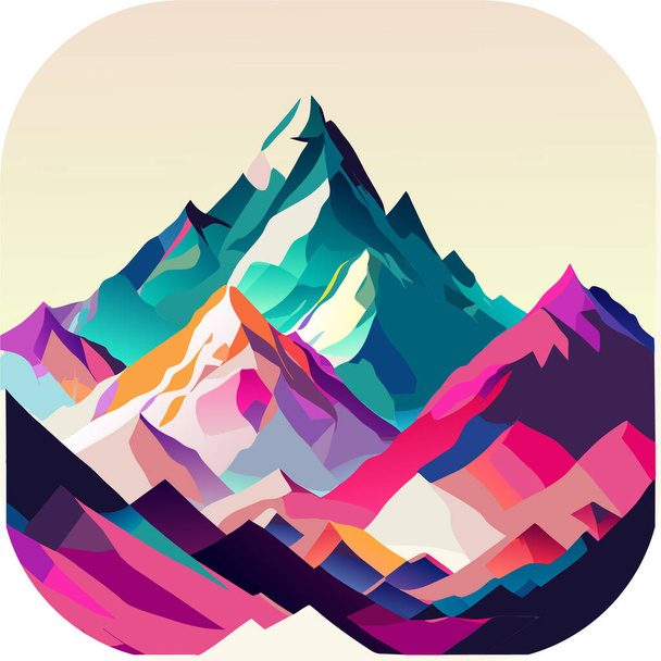 Papel de parede vetorial com uma paisagem, uma montanha majestosa gama de montanhas com picos cobertos de neve e geleiras alastrando, arte de cartaz, céus ricamente coloridos. - Vetor, Imagem