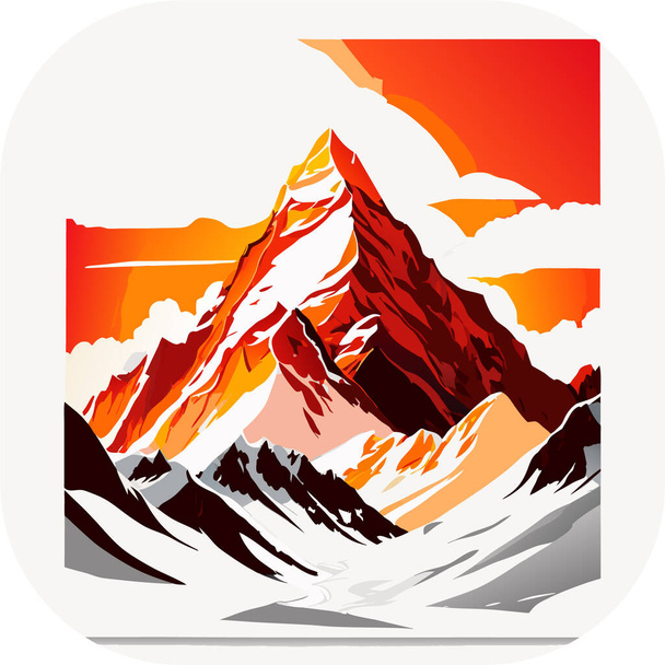Vector wallpaper with a landscape, a mountain majestic mountain range with snow-capped peaks and sprawling glaciers, poster art , richly colored skies. - Vector, Image